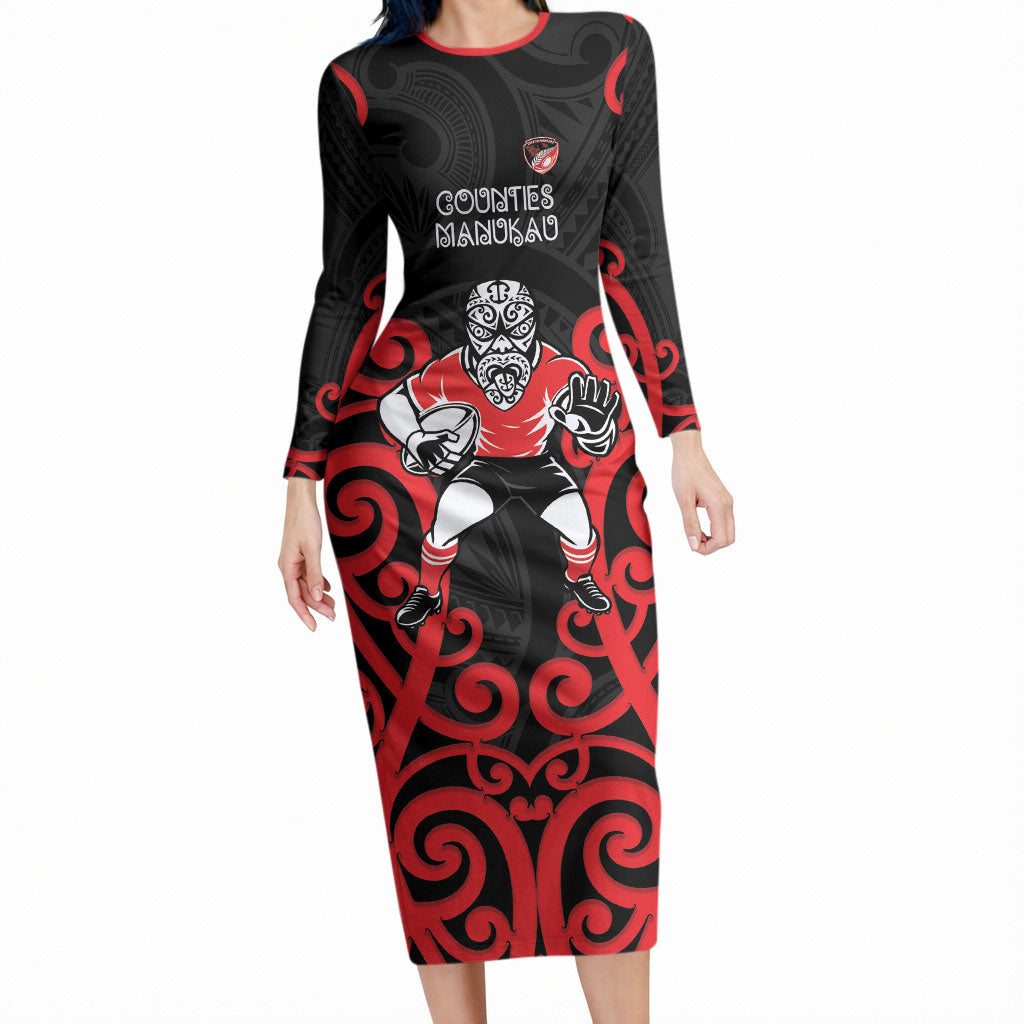 Counties Manukau Custom Rugby New Zealand Long Sleeve Bodycon Dress Aotearoa Maori Pukana Tiki Mascot LT14 Long Dress Red - Polynesian Pride