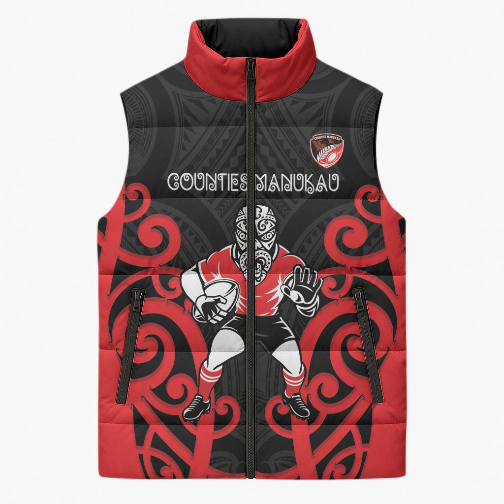 Counties Manukau Custom Rugby New Zealand Sleeveless Puffer Jacket Aotearoa Maori Pukana Tiki Mascot LT14 Unisex Red - Polynesian Pride