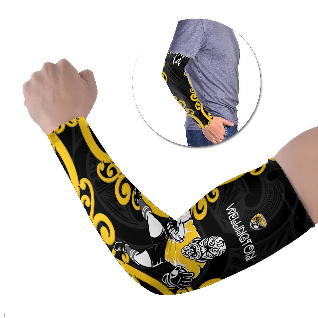 Wellington Custom Rugby New Zealand Arm Sleeves Aotearoa Maori Pukana Tiki Mascot LT14 Set of 2 Yellow - Polynesian Pride