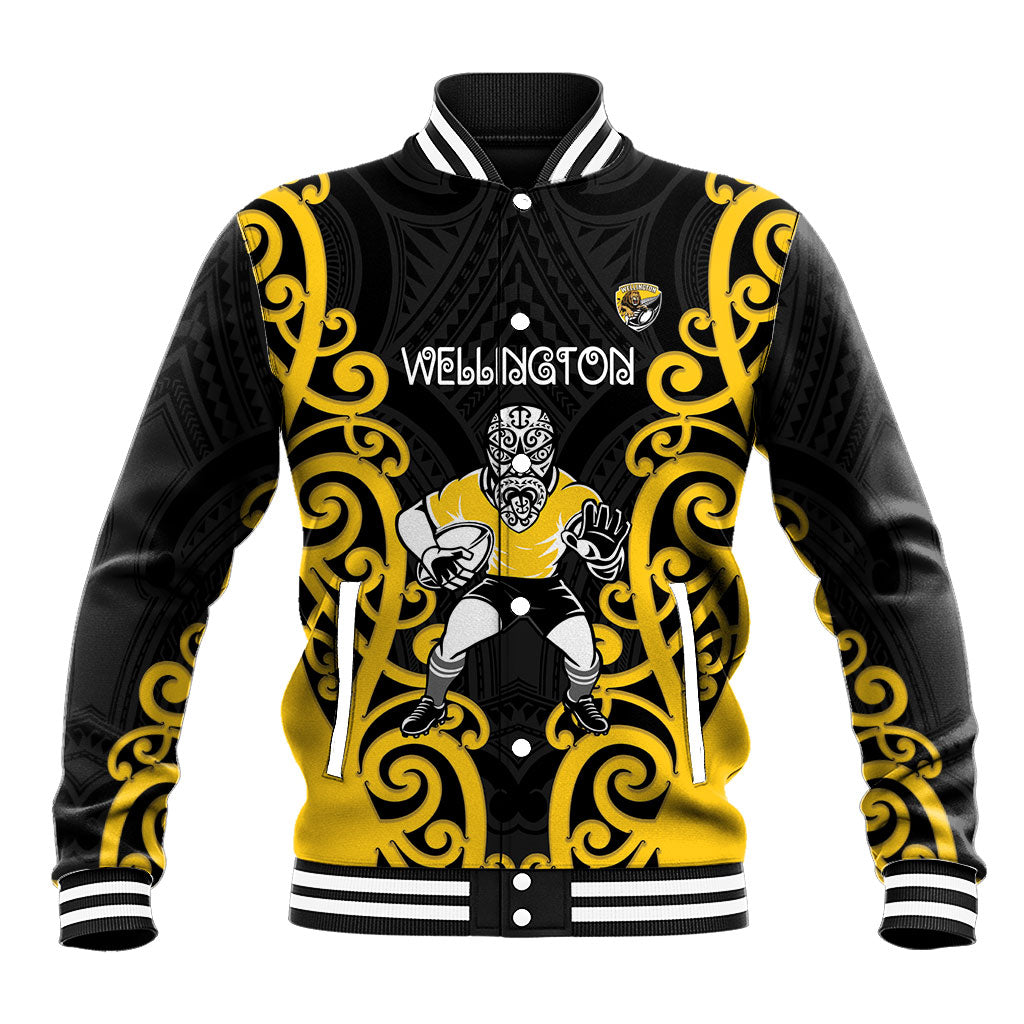 Wellington Custom Rugby New Zealand Baseball Jacket Aotearoa Maori Pukana Tiki Mascot LT14 Unisex Yellow - Polynesian Pride