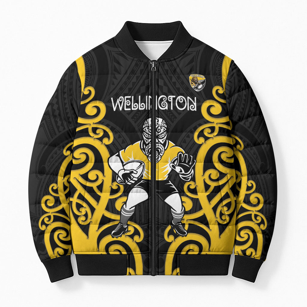 Wellington Custom Rugby New Zealand Bomber Puffer Jacket Aotearoa Maori Pukana Tiki Mascot LT14 Unisex Yellow - Polynesian Pride