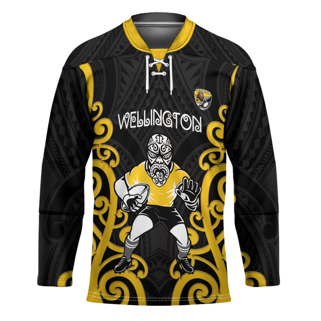 Wellington Custom Rugby New Zealand Hockey Jersey Aotearoa Maori Pukana Tiki Mascot LT14 Unisex Yellow - Polynesian Pride