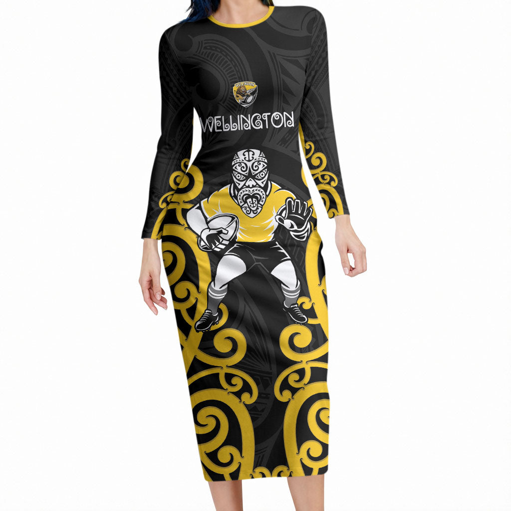 Wellington Custom Rugby New Zealand Long Sleeve Bodycon Dress Aotearoa Maori Pukana Tiki Mascot LT14 Long Dress Yellow - Polynesian Pride