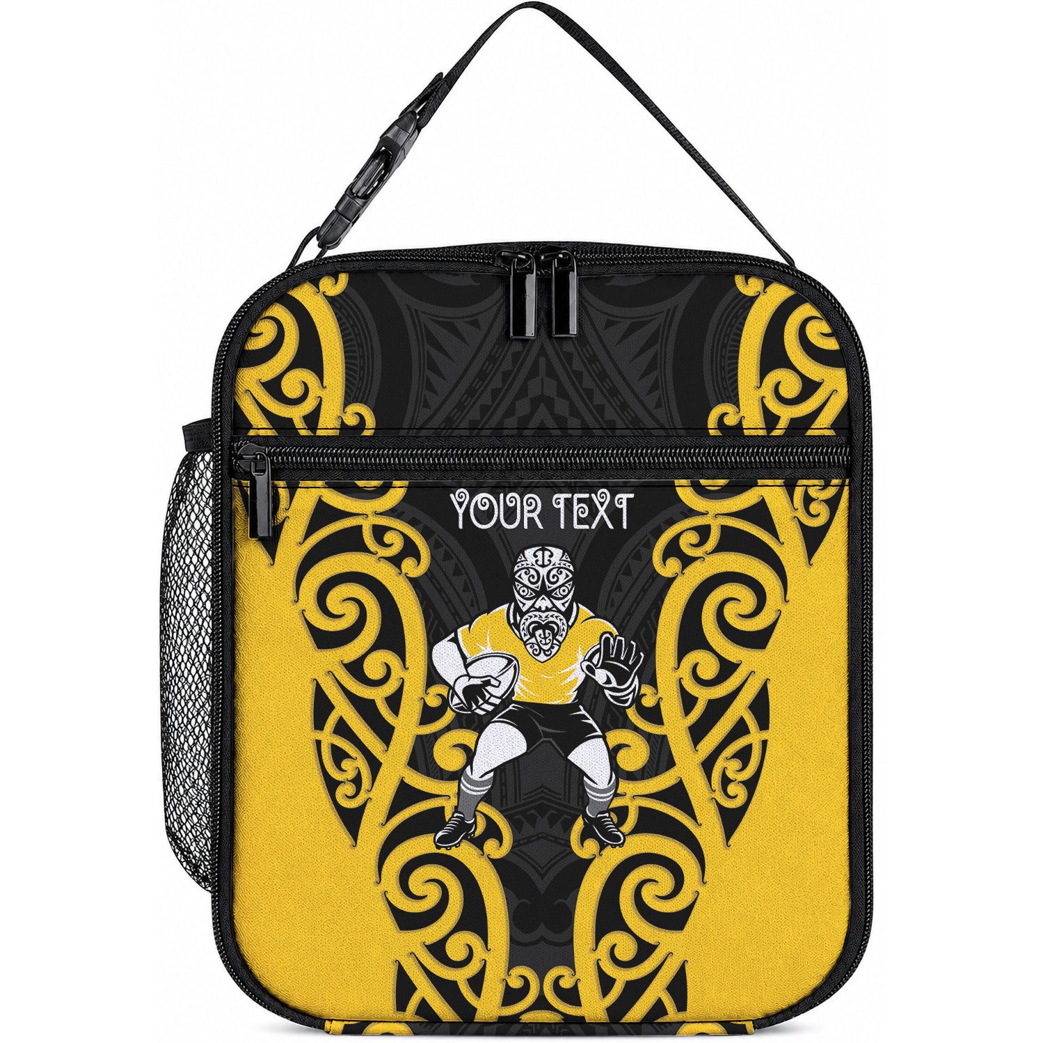 Wellington Custom Rugby New Zealand Lunch Bag Aotearoa Maori Pukana Tiki Mascot LT14 10.2 × 8.3 × 4.3 inch Yellow - Polynesian Pride