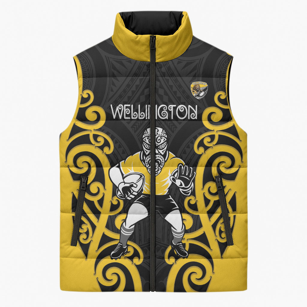 Wellington Custom Rugby New Zealand Sleeveless Puffer Jacket Aotearoa Maori Pukana Tiki Mascot LT14 Unisex Yellow - Polynesian Pride