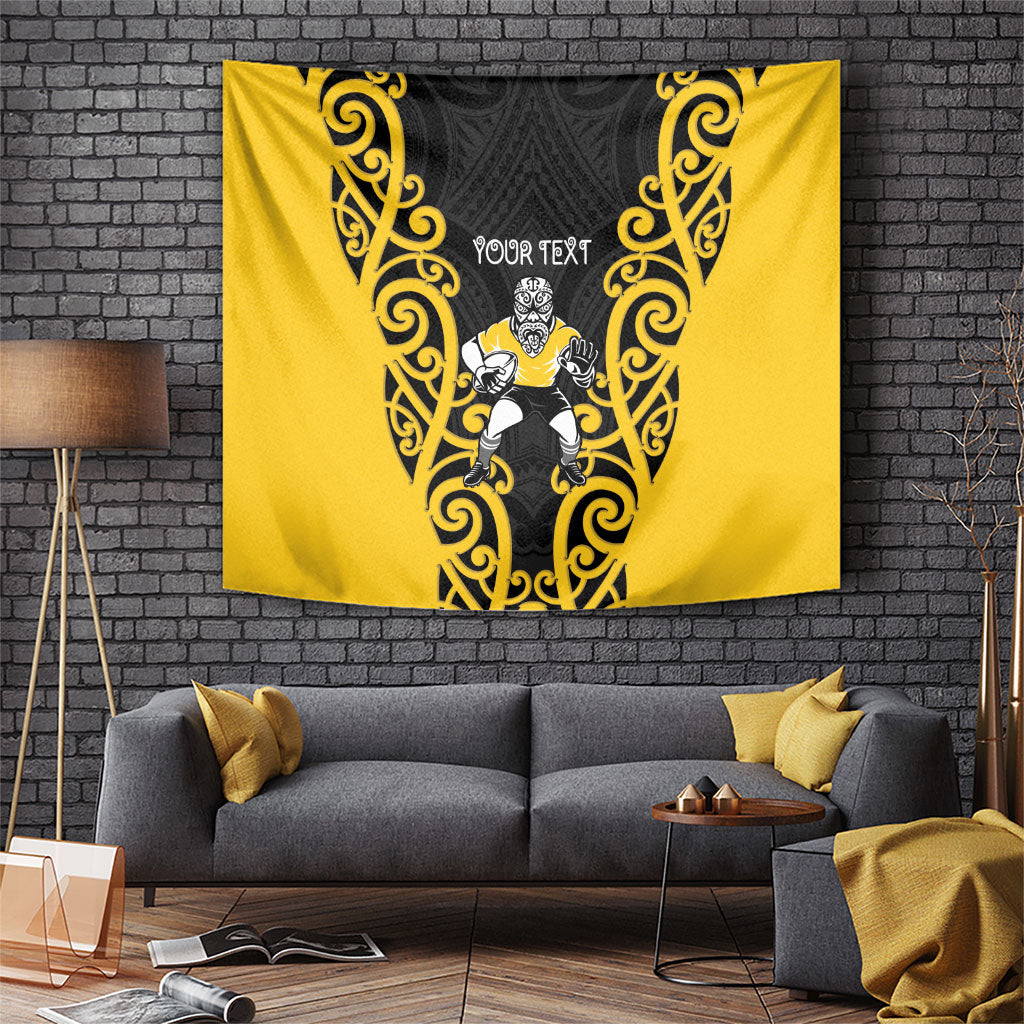 Wellington Custom Rugby New Zealand Tapestry Aotearoa Maori Pukana Tiki Mascot LT14 Yellow - Polynesian Pride