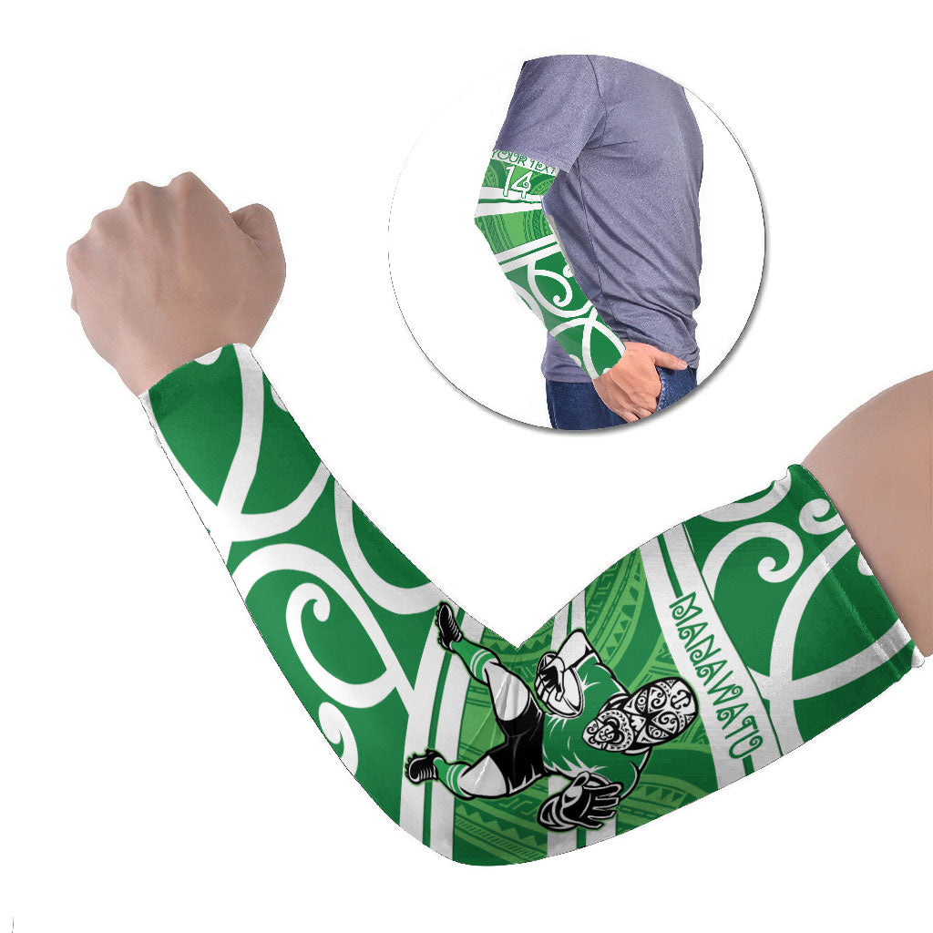 Manawatu Custom Rugby New Zealand Arm Sleeves Aotearoa Maori Pukana Tiki Mascot LT14 Set of 2 Green - Polynesian Pride