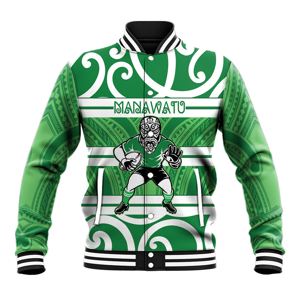 Manawatu Custom Rugby New Zealand Baseball Jacket Aotearoa Maori Pukana Tiki Mascot LT14 Unisex Green - Polynesian Pride