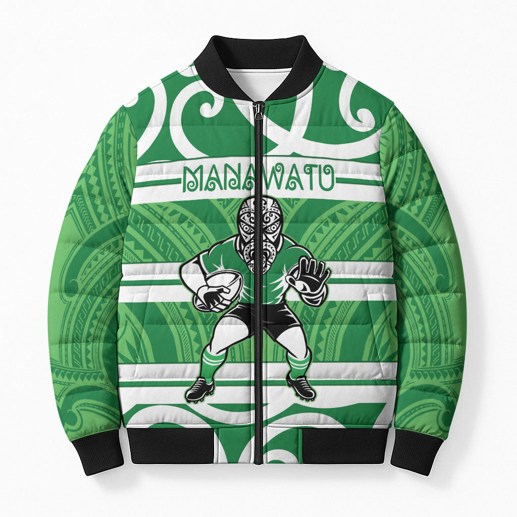 Manawatu Custom Rugby New Zealand Bomber Puffer Jacket Aotearoa Maori Pukana Tiki Mascot LT14 Unisex Green - Polynesian Pride