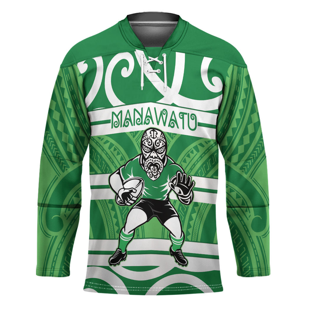Manawatu Custom Rugby New Zealand Hockey Jersey Aotearoa Maori Pukana Tiki Mascot LT14 Unisex Green - Polynesian Pride