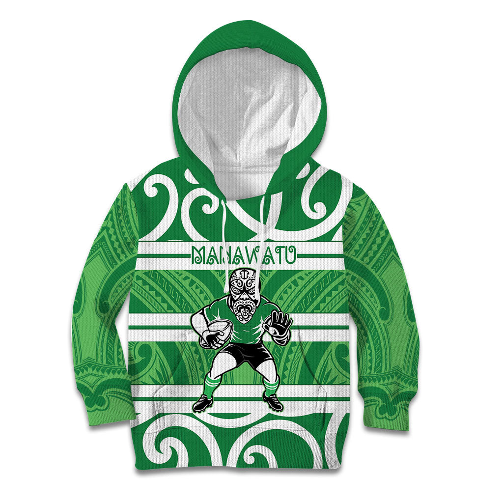 Manawatu Custom Rugby New Zealand Kid Hoodie Aotearoa Maori Pukana Tiki Mascot