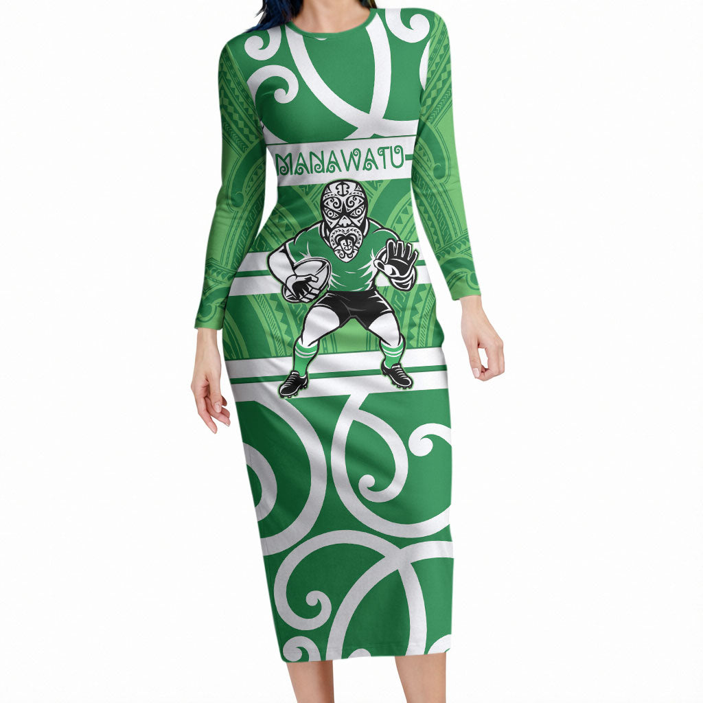 Manawatu Custom Rugby New Zealand Long Sleeve Bodycon Dress Aotearoa Maori Pukana Tiki Mascot LT14 Long Dress Green - Polynesian Pride