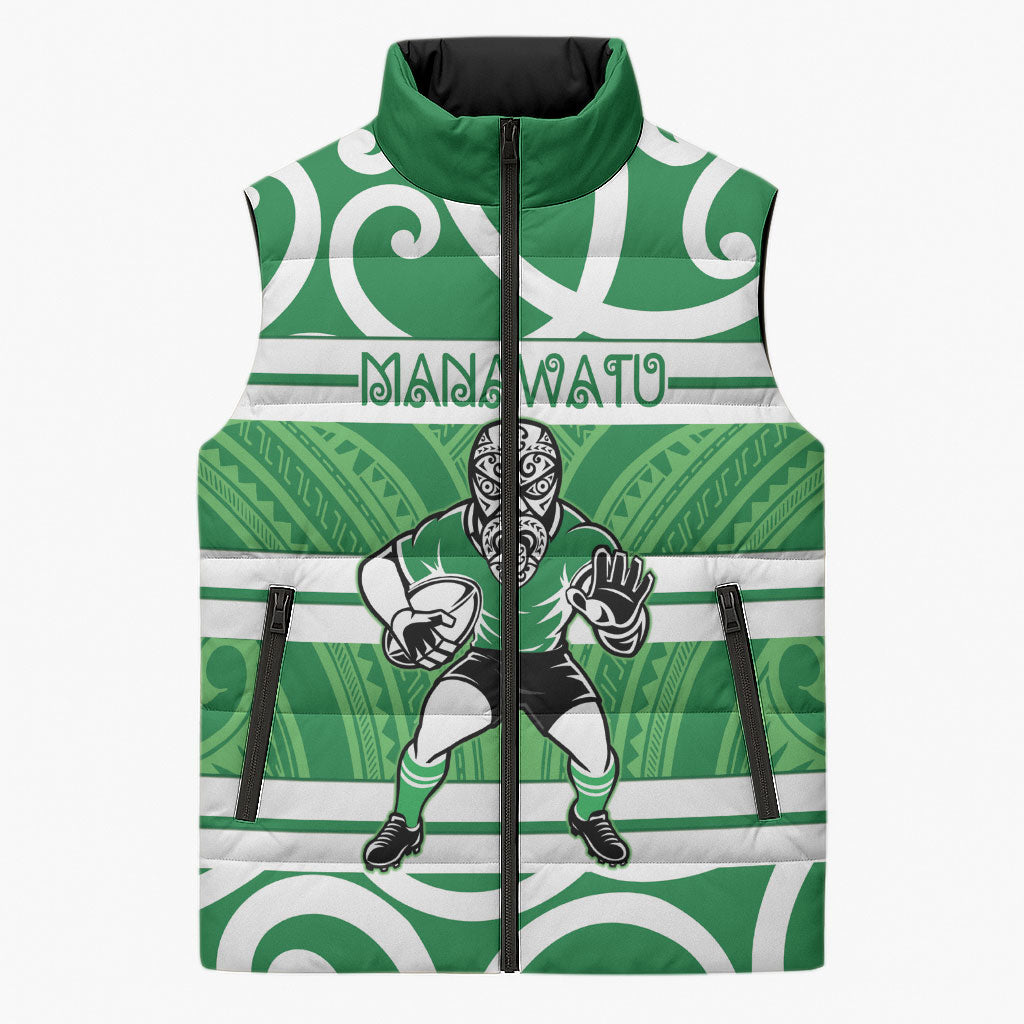 Manawatu Custom Rugby New Zealand Sleeveless Puffer Jacket Aotearoa Maori Pukana Tiki Mascot LT14 Unisex Green - Polynesian Pride