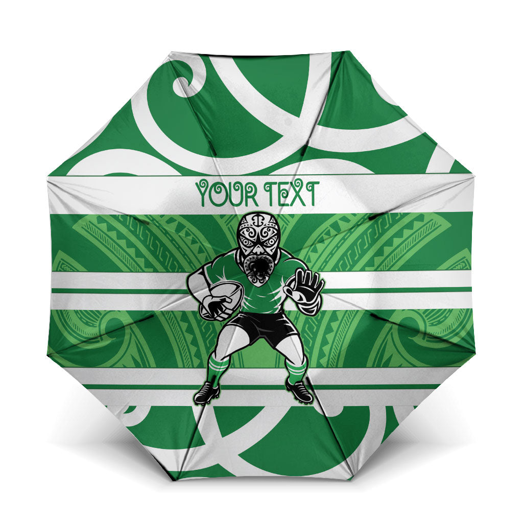 Manawatu Custom Rugby New Zealand Umbrella Aotearoa Maori Pukana Tiki Mascot LT14 One Size Folded 11.42 inch Opened Diameter 37.4 inch Green - Polynesian Pride