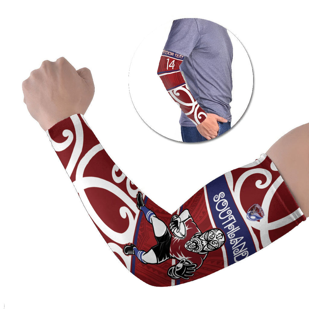 Southland Custom Rugby New Zealand Arm Sleeves Aotearoa Maori Pukana Tiki Mascot LT14 Set of 2 Maroon - Polynesian Pride