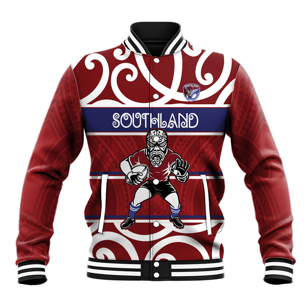 Southland Custom Rugby New Zealand Baseball Jacket Aotearoa Maori Pukana Tiki Mascot LT14 Unisex Maroon - Polynesian Pride
