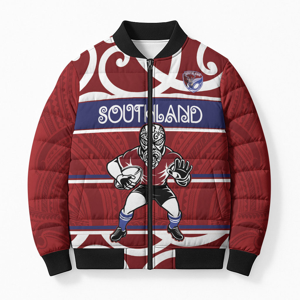 Southland Custom Rugby New Zealand Bomber Puffer Jacket Aotearoa Maori Pukana Tiki Mascot LT14 Unisex Maroon - Polynesian Pride