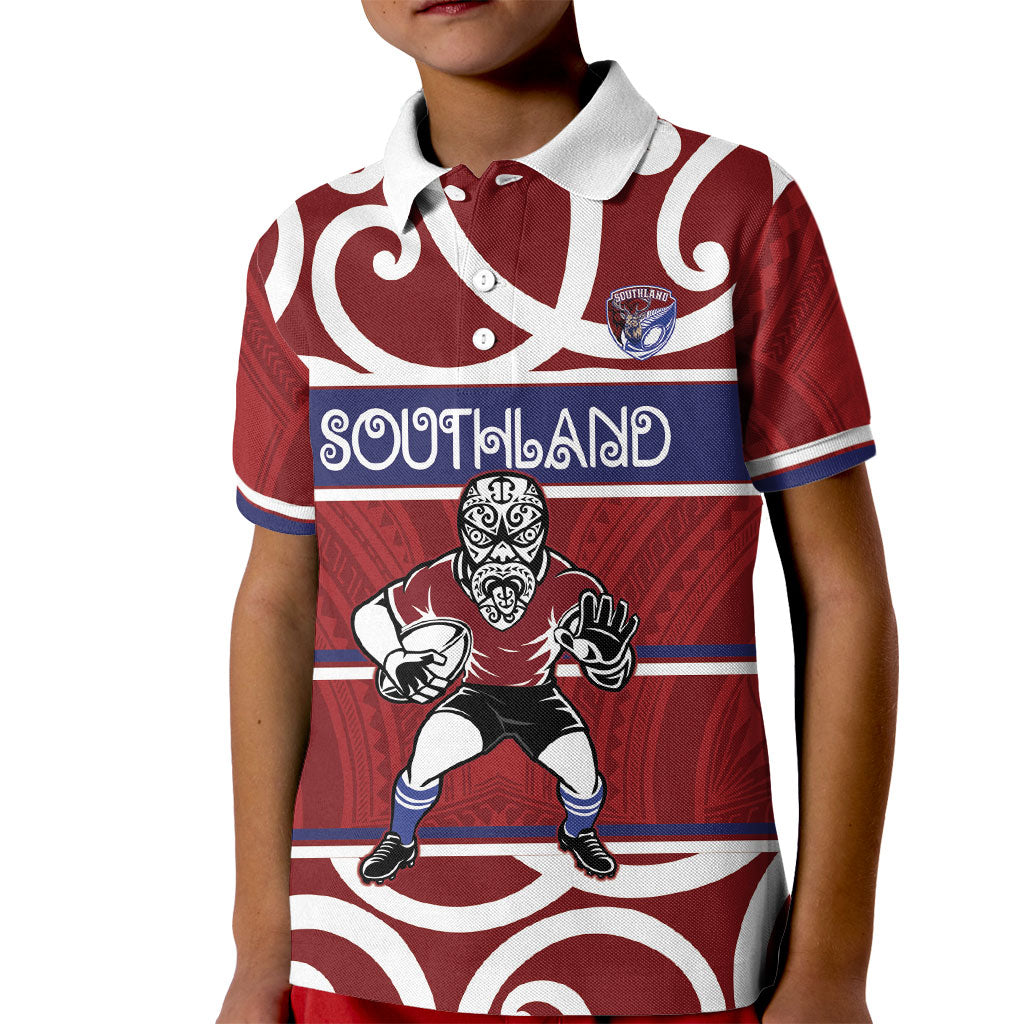 Southland Custom Rugby New Zealand Kid Polo Shirt Aotearoa Maori Pukana Tiki Mascot