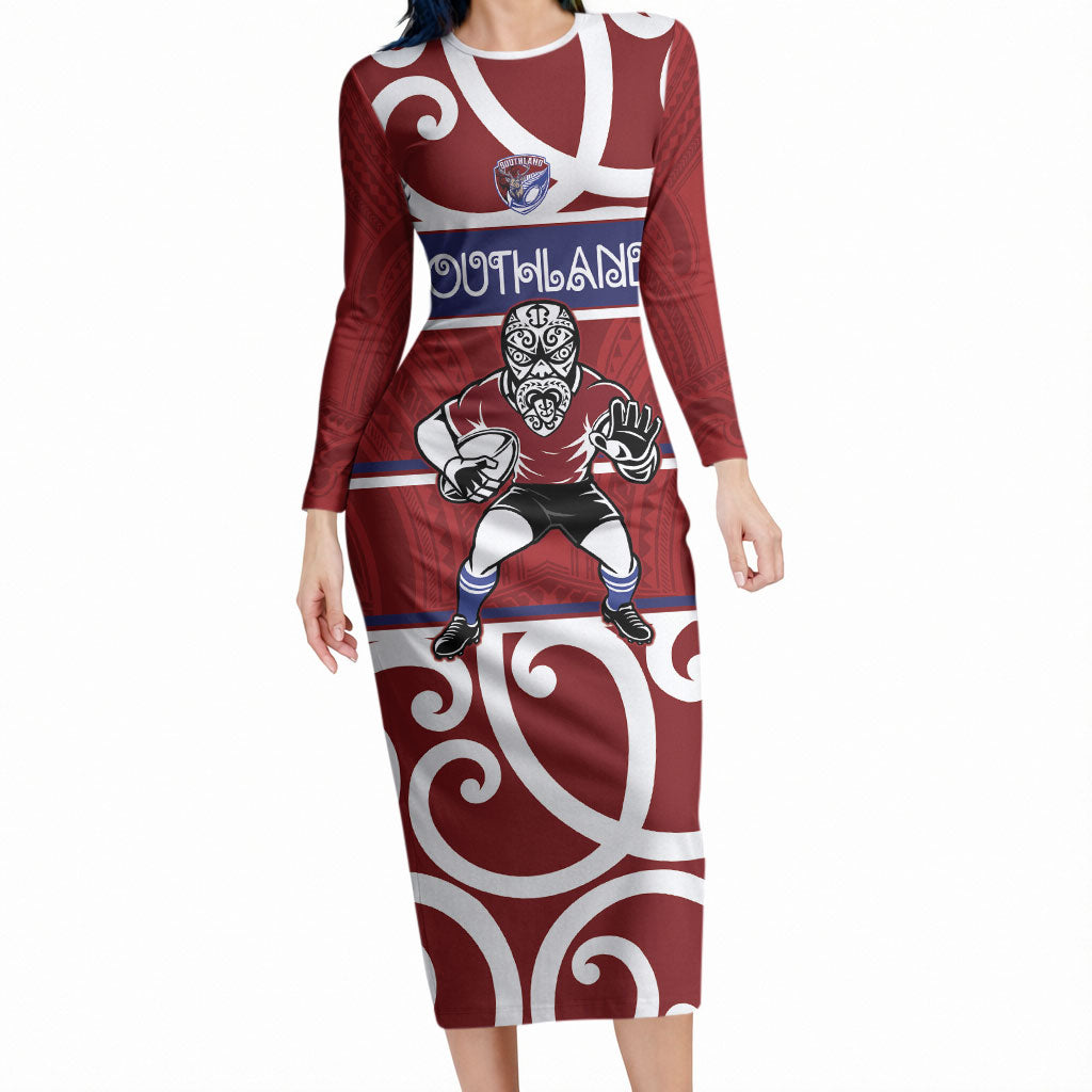Southland Custom Rugby New Zealand Long Sleeve Bodycon Dress Aotearoa Maori Pukana Tiki Mascot LT14 Long Dress Maroon - Polynesian Pride