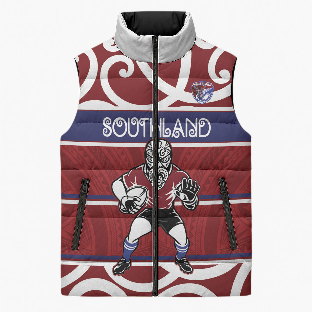 Southland Custom Rugby New Zealand Sleeveless Puffer Jacket Aotearoa Maori Pukana Tiki Mascot LT14 Unisex Maroon - Polynesian Pride