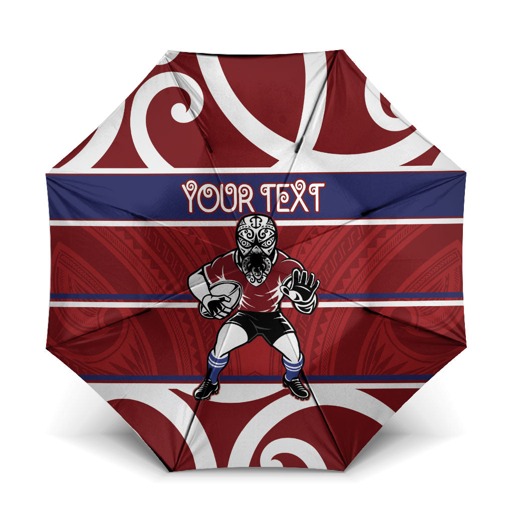 Southland Custom Rugby New Zealand Umbrella Aotearoa Maori Pukana Tiki Mascot LT14 One Size Folded 11.42 inch Opened Diameter 37.4 inch Maroon - Polynesian Pride