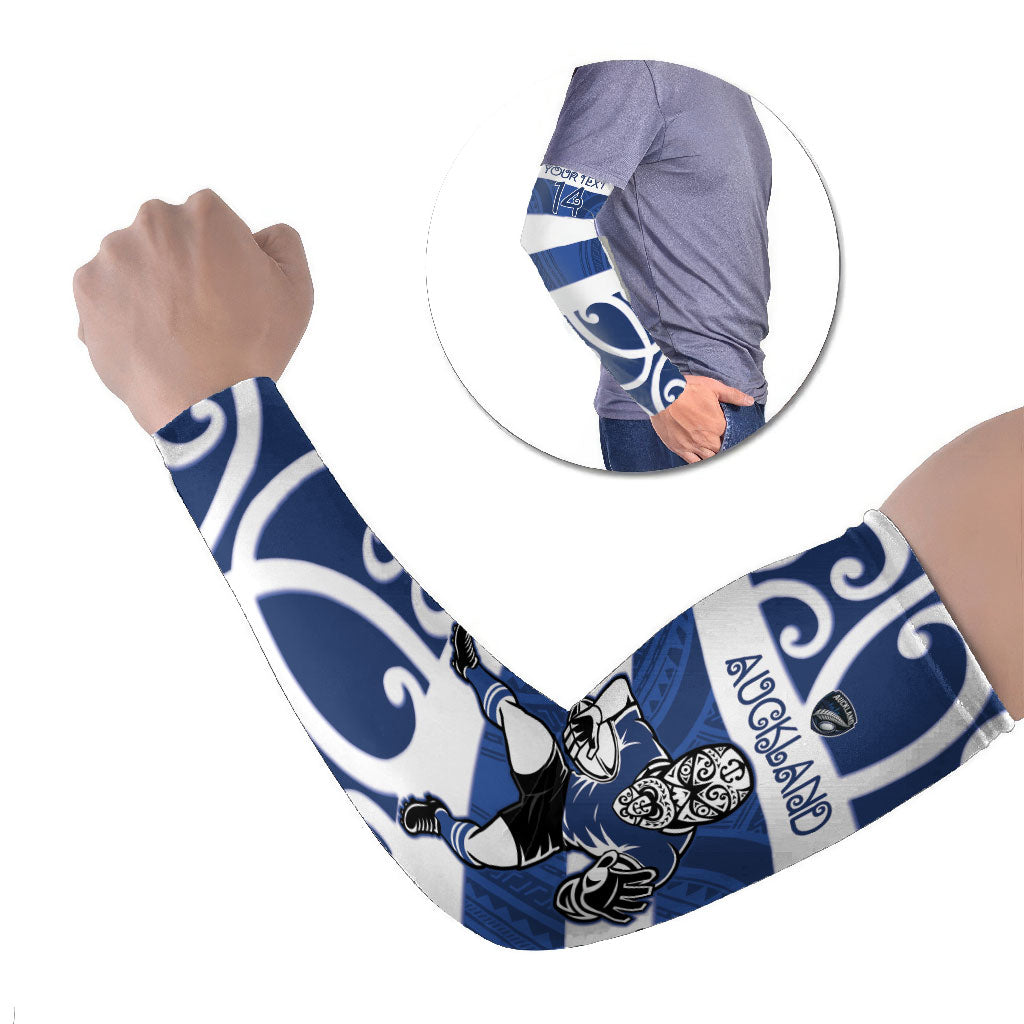 Auckland Custom Rugby New Zealand Arm Sleeves Aotearoa Maori Pukana Tiki Mascot LT14 Set of 2 Blue - Polynesian Pride