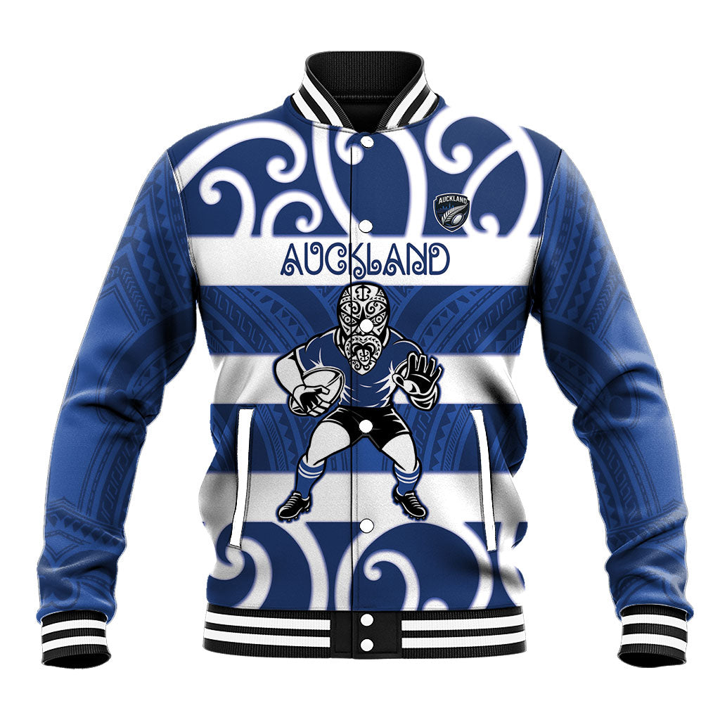 Auckland Custom Rugby New Zealand Baseball Jacket Aotearoa Maori Pukana Tiki Mascot LT14 Unisex Blue - Polynesian Pride