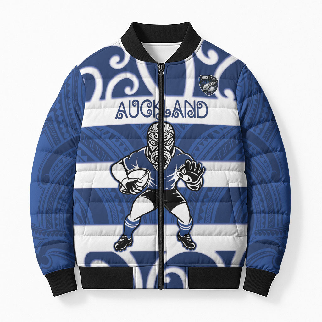 Auckland Custom Rugby New Zealand Bomber Puffer Jacket Aotearoa Maori Pukana Tiki Mascot LT14 Unisex Blue - Polynesian Pride