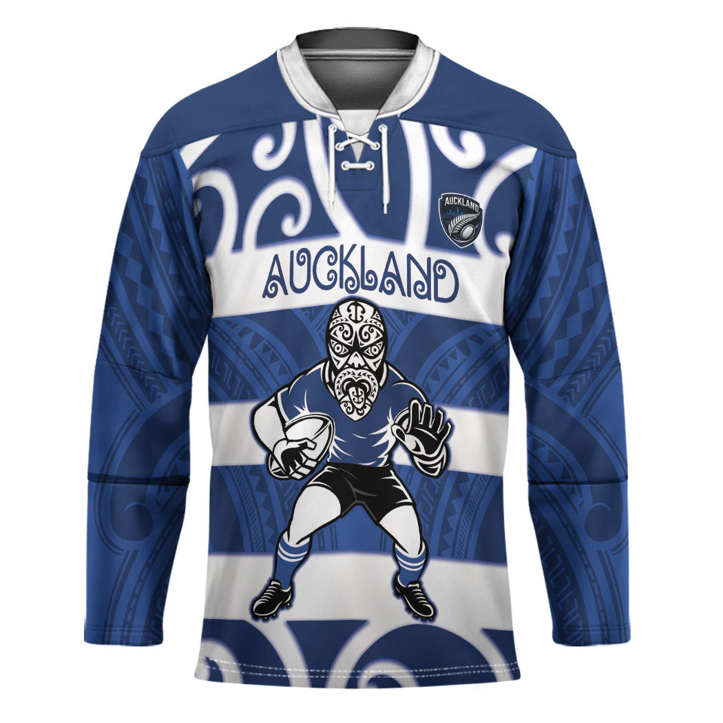 Auckland Custom Rugby New Zealand Hockey Jersey Aotearoa Maori Pukana Tiki Mascot LT14 Unisex Blue - Polynesian Pride