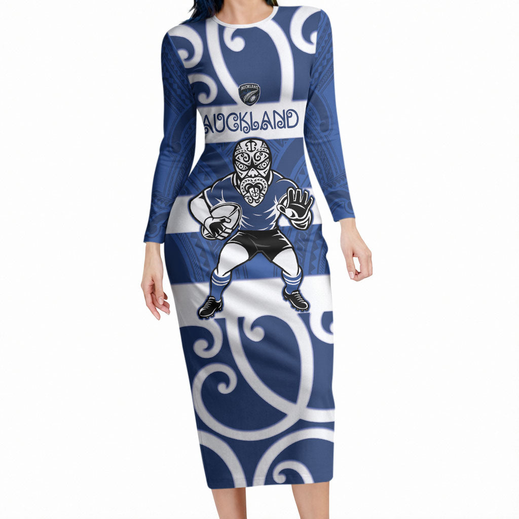 Auckland Custom Rugby New Zealand Long Sleeve Bodycon Dress Aotearoa Maori Pukana Tiki Mascot LT14 Long Dress Blue - Polynesian Pride