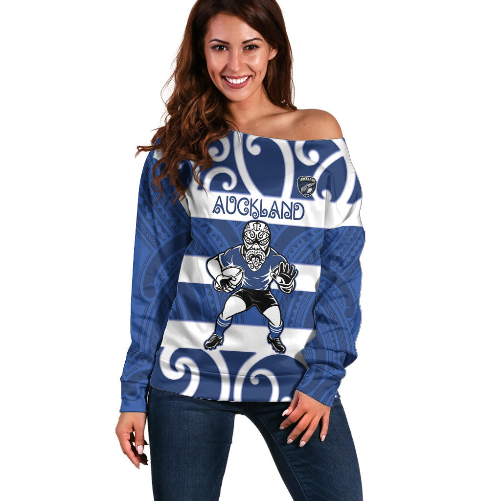Auckland Custom Rugby New Zealand Off Shoulder Sweater Aotearoa Maori Pukana Tiki Mascot