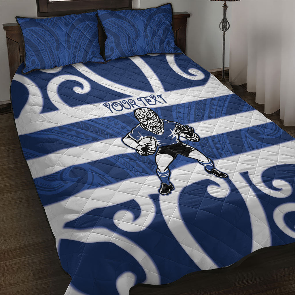 Auckland Custom Rugby New Zealand Quilt Bed Set Aotearoa Maori Pukana Tiki Mascot LT14 Blue - Polynesian Pride