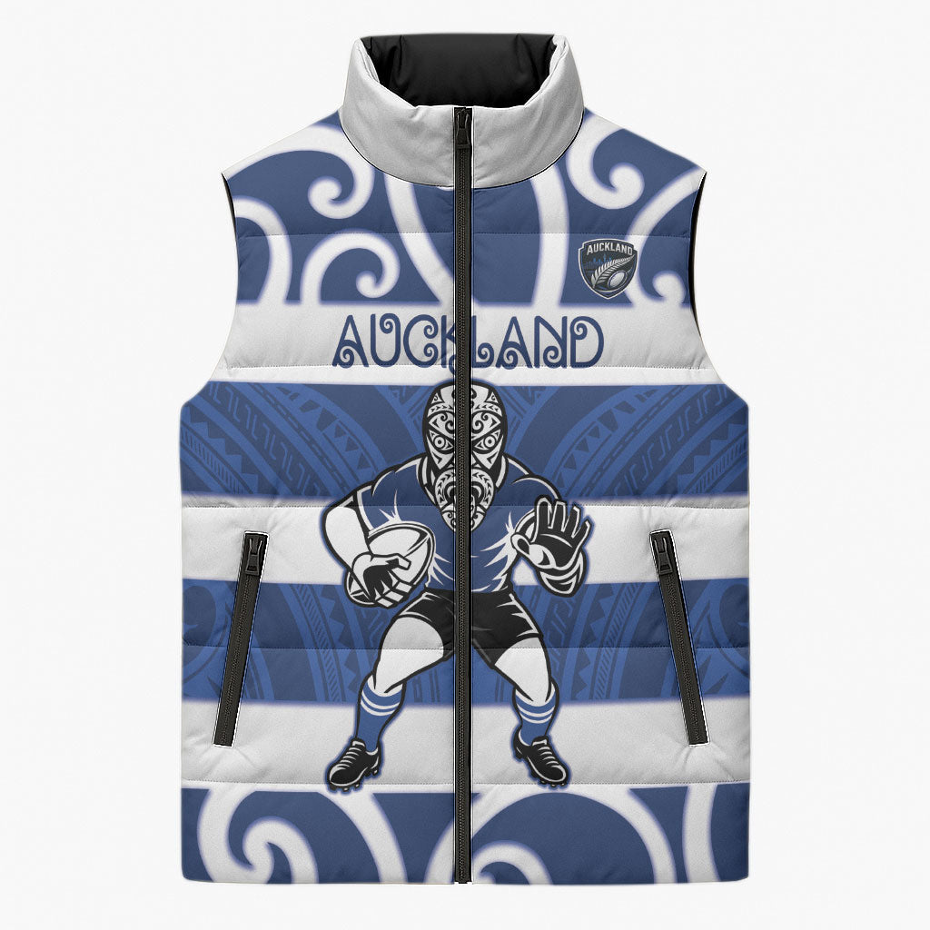 Auckland Custom Rugby New Zealand Sleeveless Puffer Jacket Aotearoa Maori Pukana Tiki Mascot LT14 Unisex Blue - Polynesian Pride