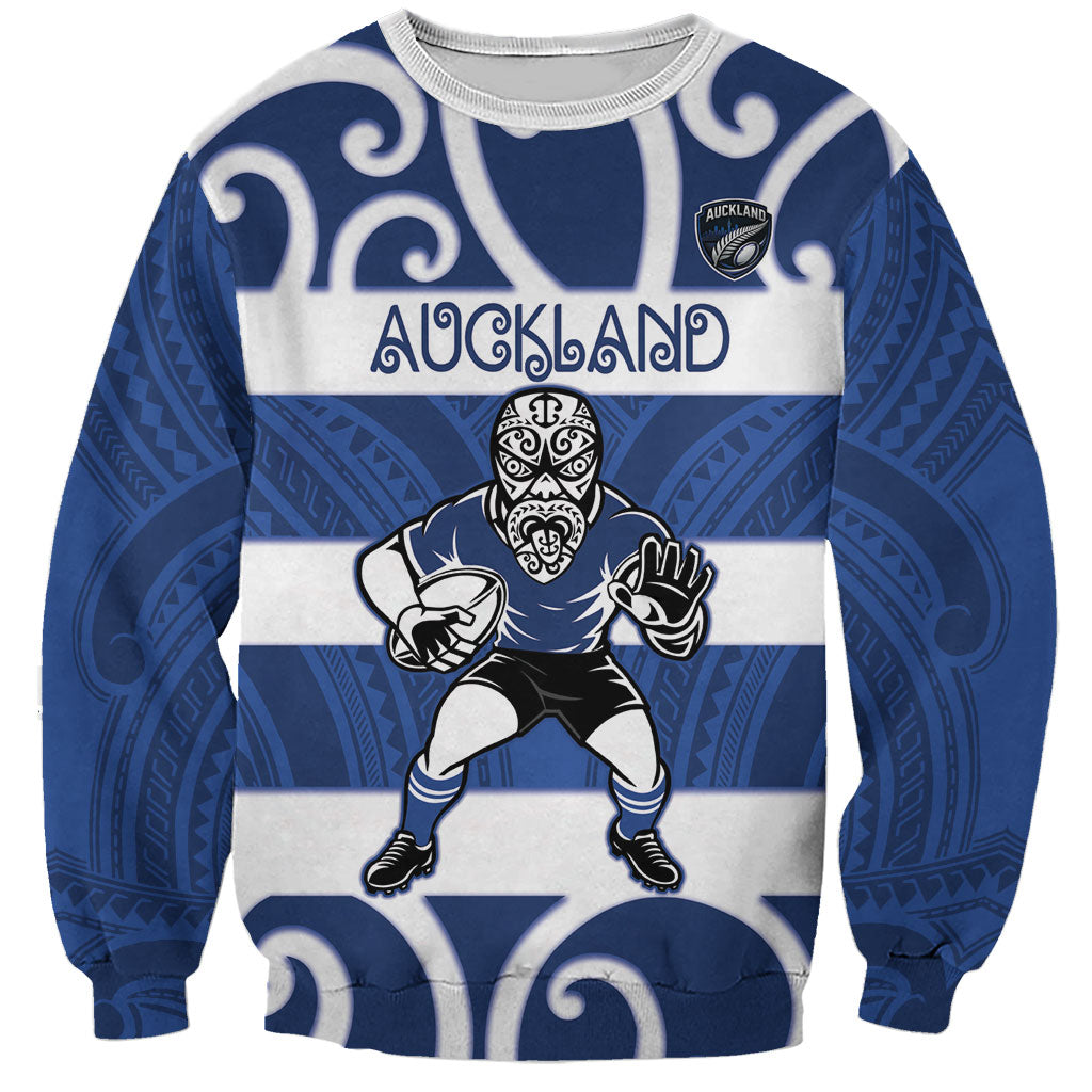 Auckland Custom Rugby New Zealand Sweatshirt Aotearoa Maori Pukana Tiki Mascot LT14 Unisex Blue - Polynesian Pride