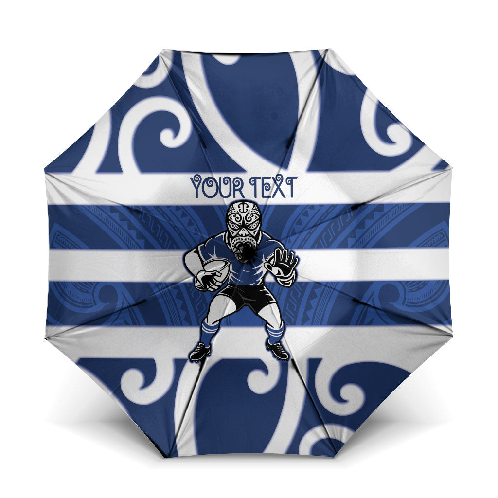 Auckland Custom Rugby New Zealand Umbrella Aotearoa Maori Pukana Tiki Mascot LT14 One Size Folded 11.42 inch Opened Diameter 37.4 inch Blue - Polynesian Pride