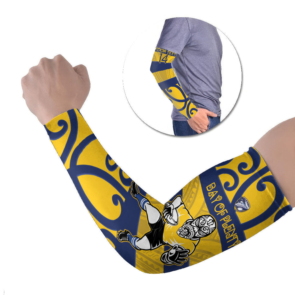 Bay of Plenty Custom Rugby New Zealand Arm Sleeves Aotearoa Maori Pukana Tiki Mascot LT14 Set of 2 Yellow - Polynesian Pride