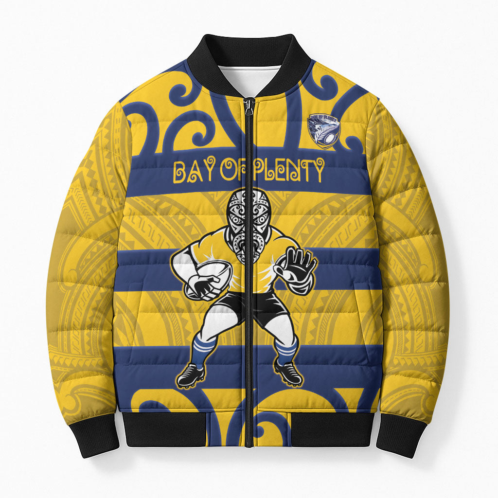 Bay of Plenty Custom Rugby New Zealand Bomber Puffer Jacket Aotearoa Maori Pukana Tiki Mascot LT14 Unisex Yellow - Polynesian Pride