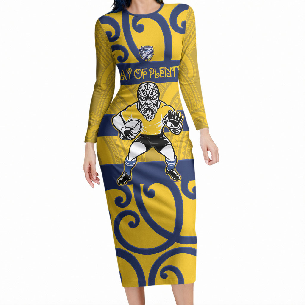 Bay of Plenty Custom Rugby New Zealand Long Sleeve Bodycon Dress Aotearoa Maori Pukana Tiki Mascot LT14 Long Dress Yellow - Polynesian Pride