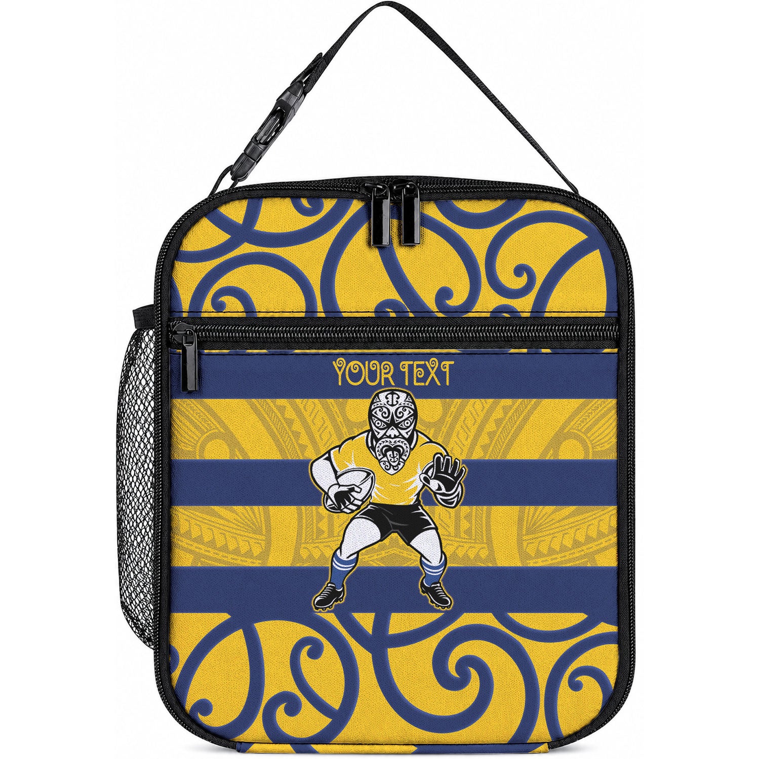 Bay of Plenty Custom Rugby New Zealand Lunch Bag Aotearoa Maori Pukana Tiki Mascot LT14 10.2 × 8.3 × 4.3 inch Yellow - Polynesian Pride
