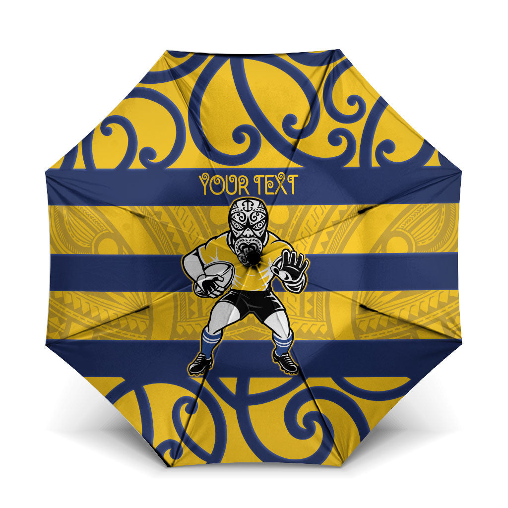 Bay of Plenty Custom Rugby New Zealand Umbrella Aotearoa Maori Pukana Tiki Mascot LT14 One Size Folded 11.42 inch Opened Diameter 37.4 inch Yellow - Polynesian Pride