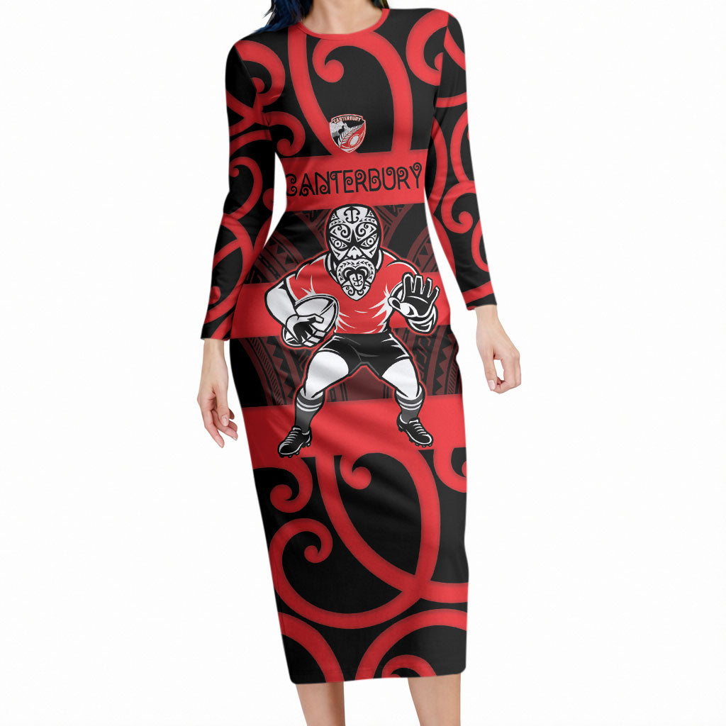 Canterbury Custom Rugby New Zealand Long Sleeve Bodycon Dress Aotearoa Maori Pukana Tiki Mascot LT14 Long Dress Red - Polynesian Pride