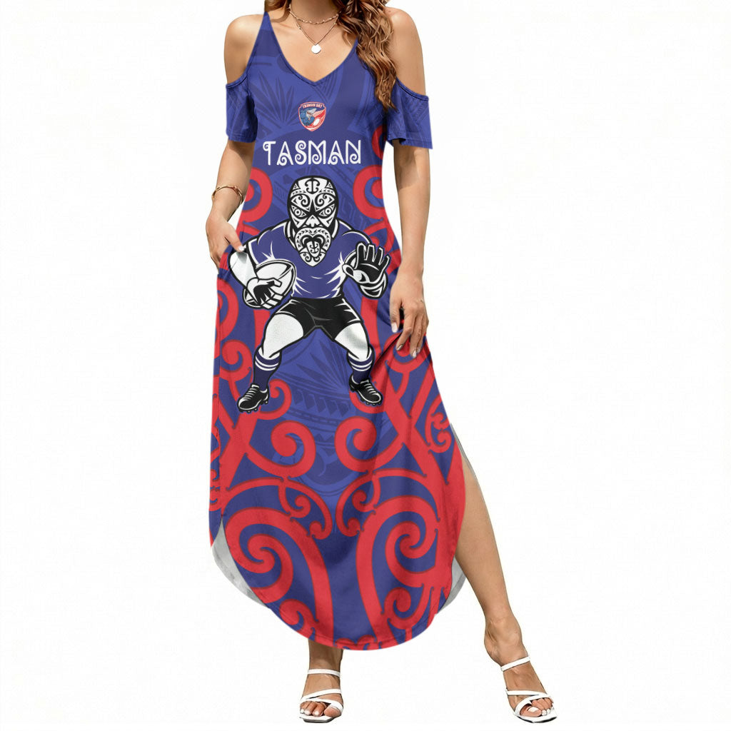 Tasman Custom Rugby New Zealand Summer Maxi Dress Aotearoa Maori Pukana Tiki Mascot