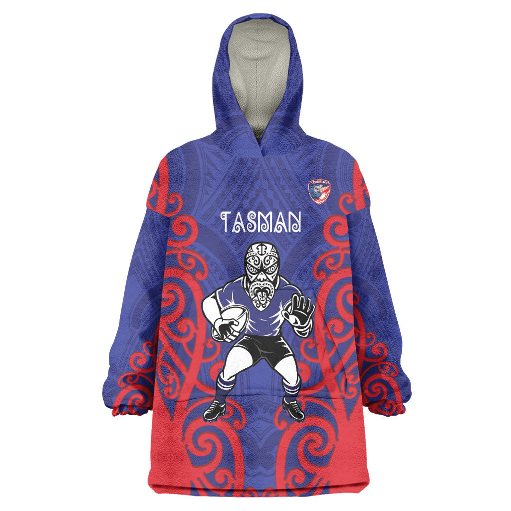 Tasman Custom Rugby New Zealand Wearable Blanket Hoodie Aotearoa Maori Pukana Tiki Mascot
