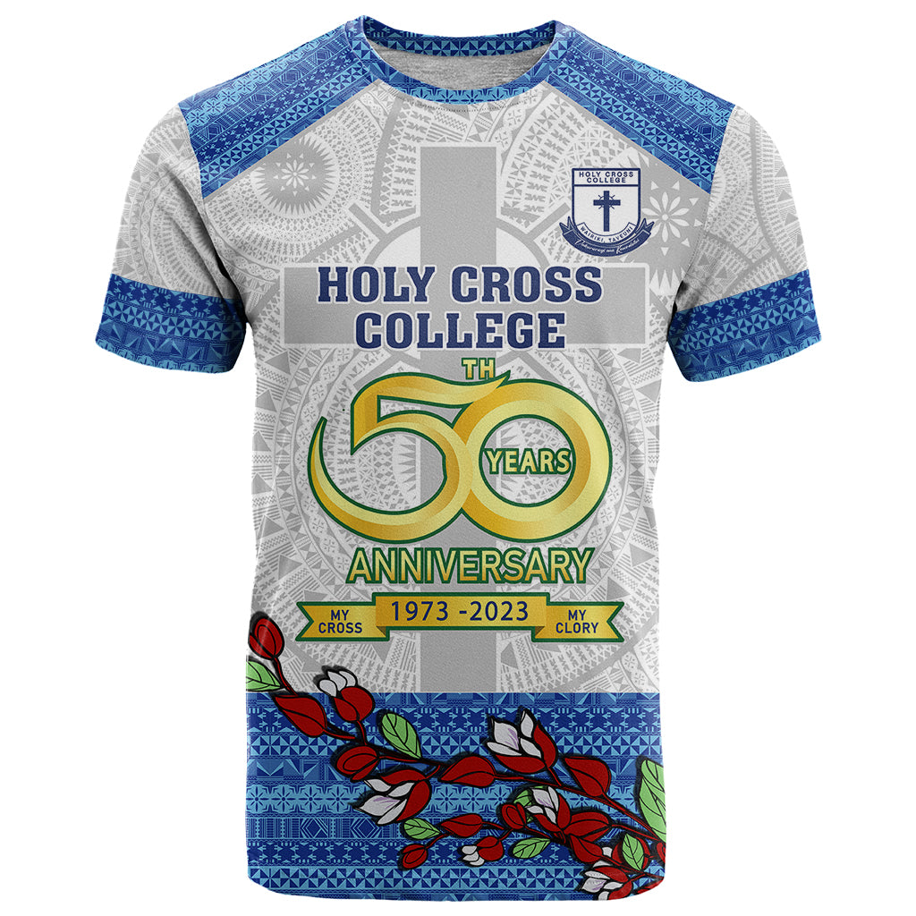 Fiji Holy Cross College T Shirt Happy 50th Anniversary Fijian Tagimoucia Tapa Pattern LT14 White - Polynesian Pride