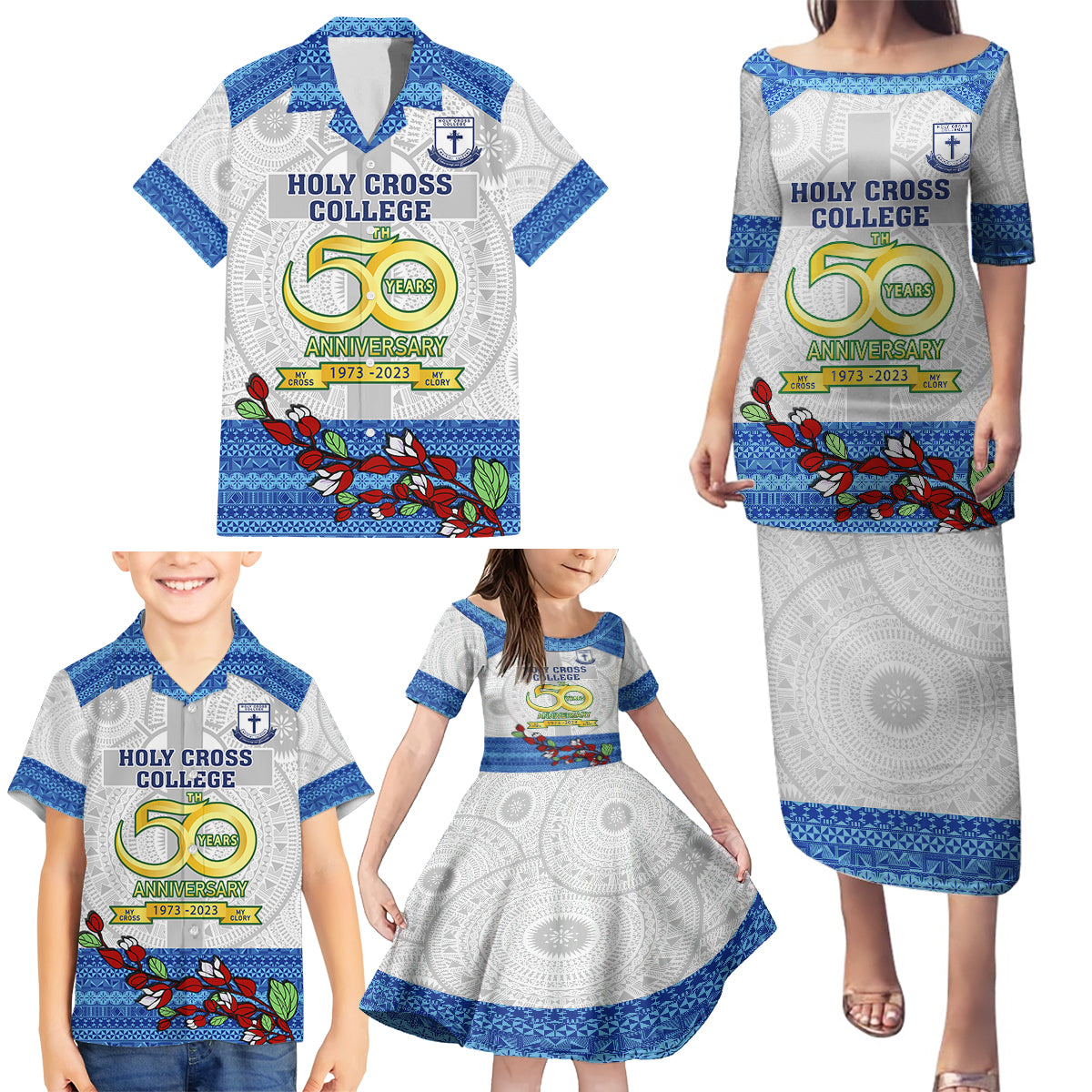 Personalised Fiji Holy Cross College Family Matching Puletasi Dress and Hawaiian Shirt Happy 50th Anniversary Fijian Tagimoucia Tapa Pattern LT14 - Polynesian Pride