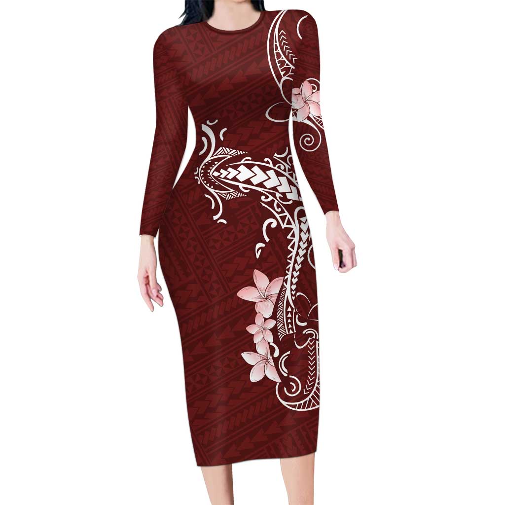 Oxblood Hawaii Long Sleeve Bodycon Dress Hammerhead Shark Tattoo Curve Polynesian LT14 Long Dress Oxblood - Polynesian Pride