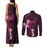 Pink Hawaii Couples Matching Tank Maxi Dress and Long Sleeve Button Shirt Hammerhead Shark Tattoo Curve Polynesian LT14 - Polynesian Pride