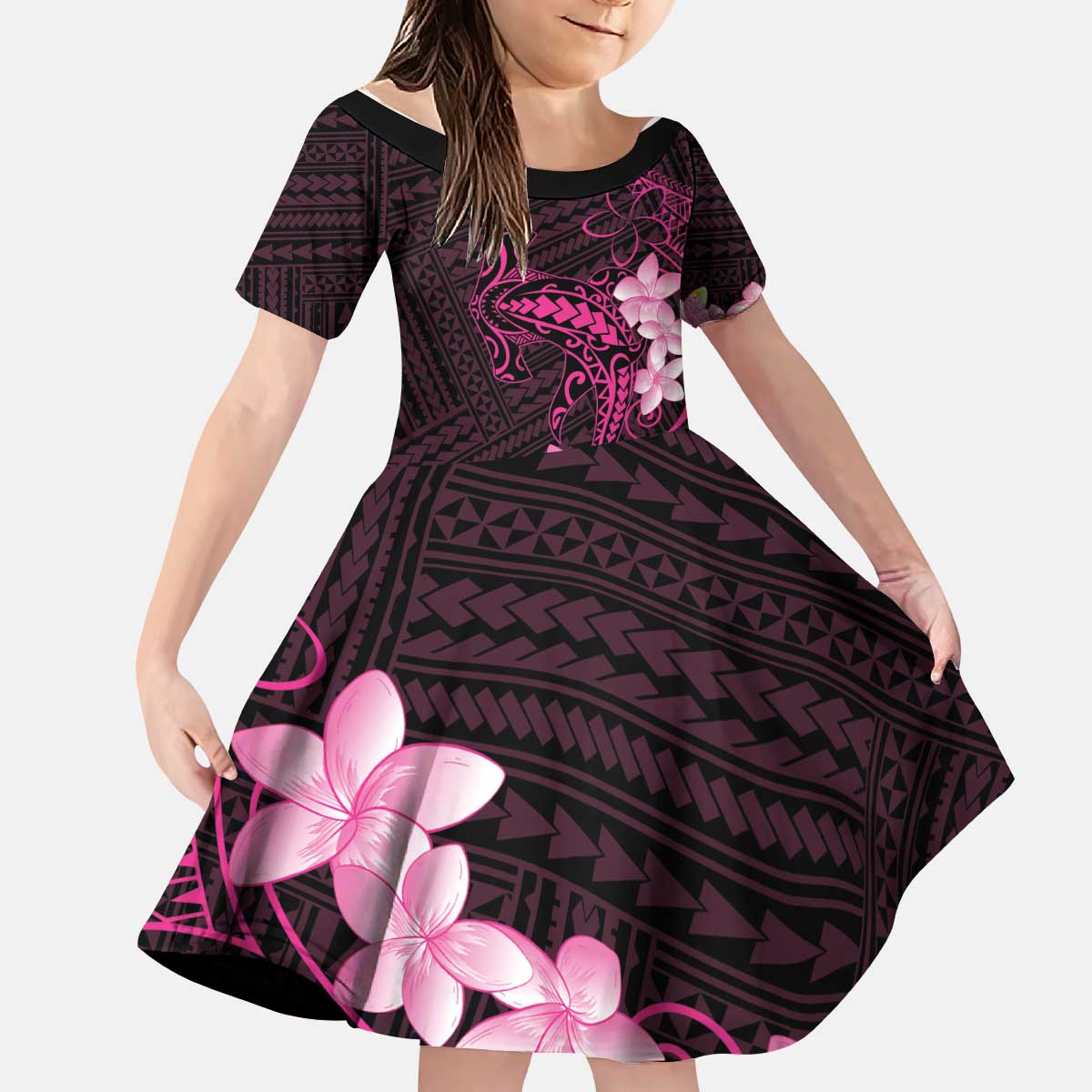 Pink Hawaii Kid Short Sleeve Dress Hammerhead Shark Tattoo Curve Polynesian LT14 KID Pink - Polynesian Pride