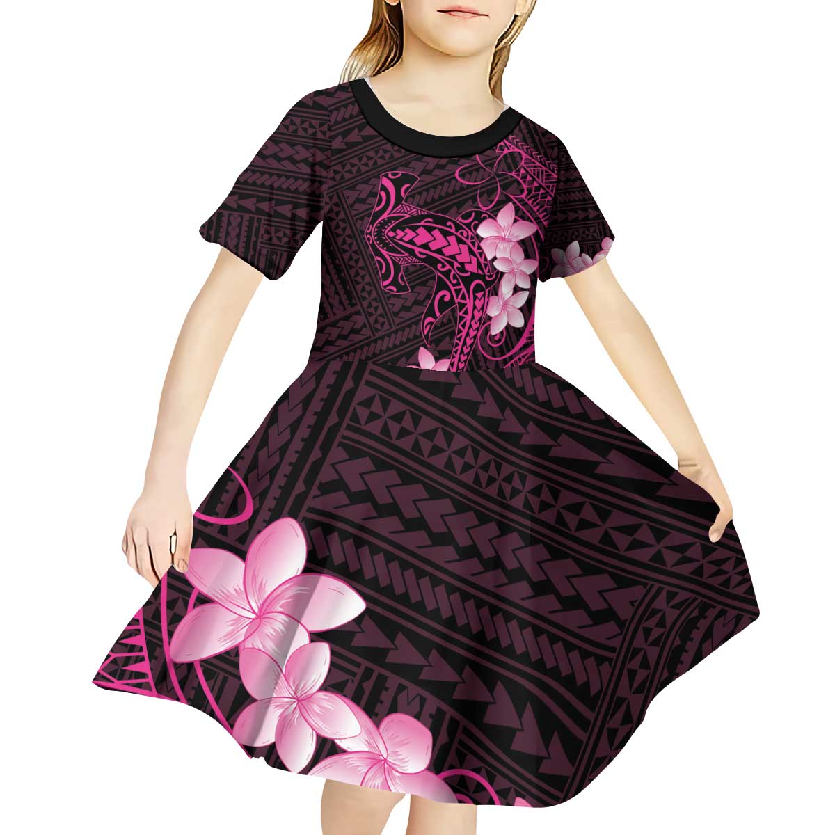 Pink Hawaii Kid Short Sleeve Dress Hammerhead Shark Tattoo Curve Polynesian LT14 - Polynesian Pride