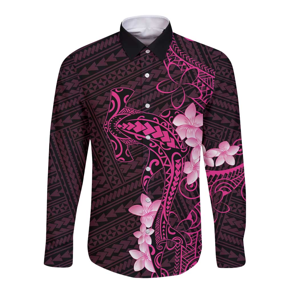 Pink Hawaii Long Sleeve Button Shirt Hammerhead Shark Tattoo Curve Polynesian LT14 Unisex Pink - Polynesian Pride